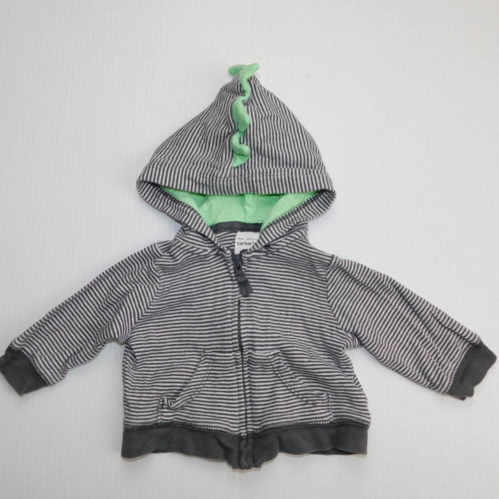 Carter's Baby Newborn Dragon Dinosaur Full Zip Hoodie Gray White Striped Green